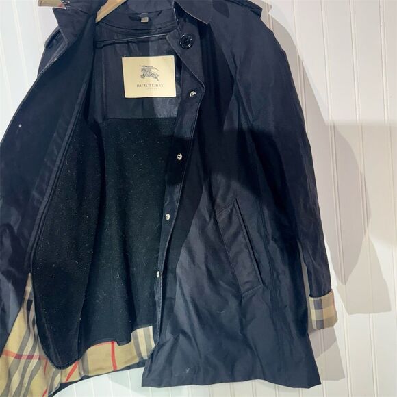 Burberry Navy Trench Coat US 4 Wool Zip Liner Removable Hood Nova Check Lining - Picture 6 of 10
